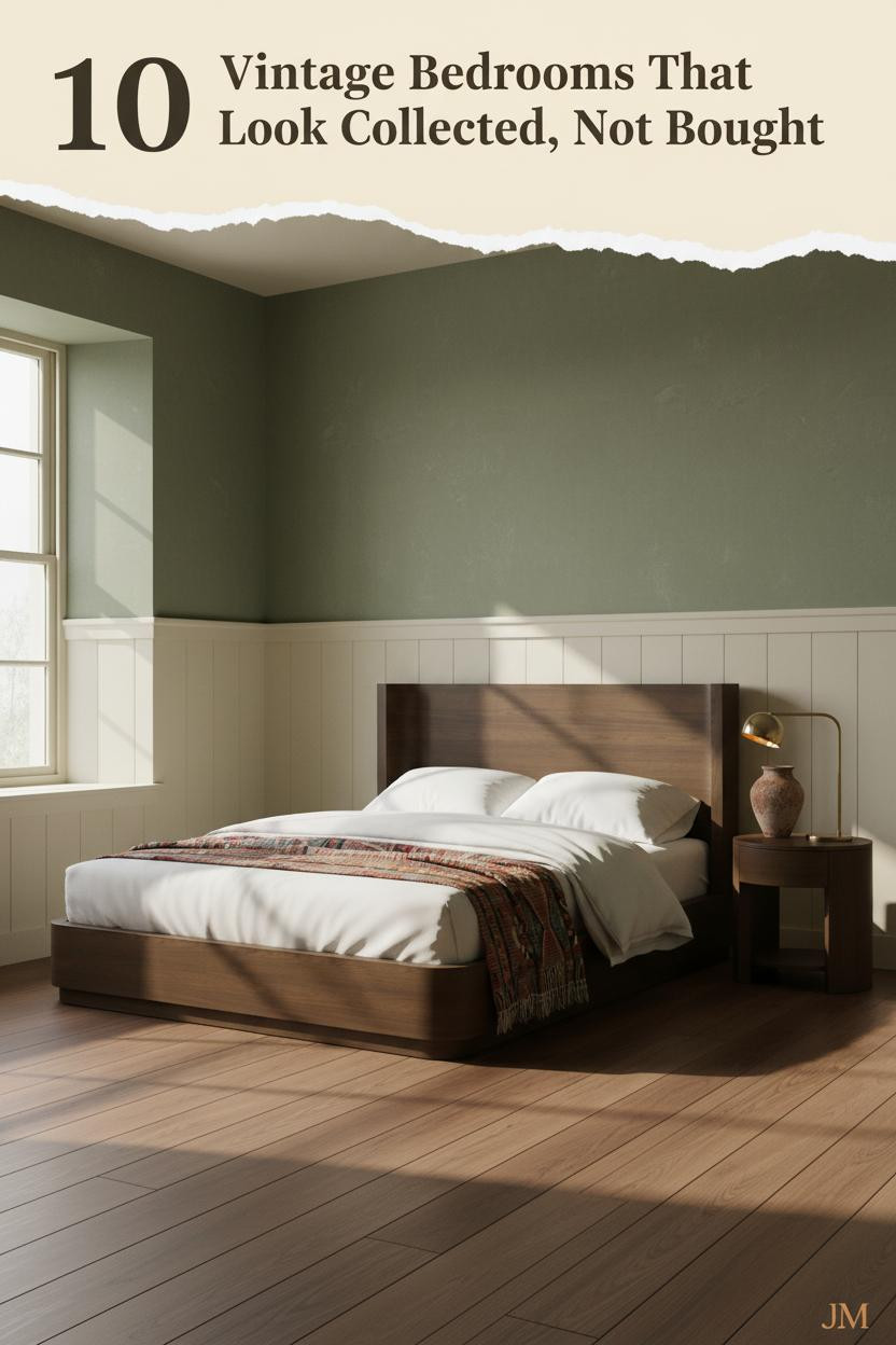 Cozy vintage bedroom with moss green limewash walls, ivory wainscoting, worn linen bedding, kilim throw, and terracotta vase on dark wood nightstand