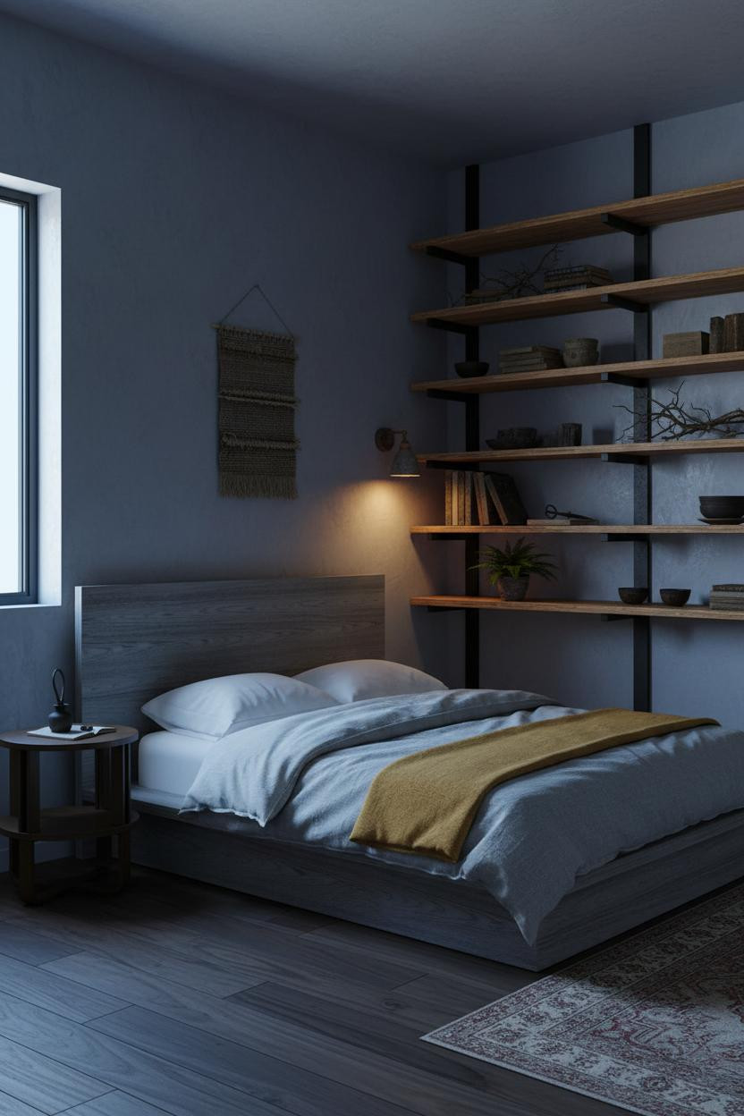 Vintage Bedroom Wabi Sabi Wood Shelving