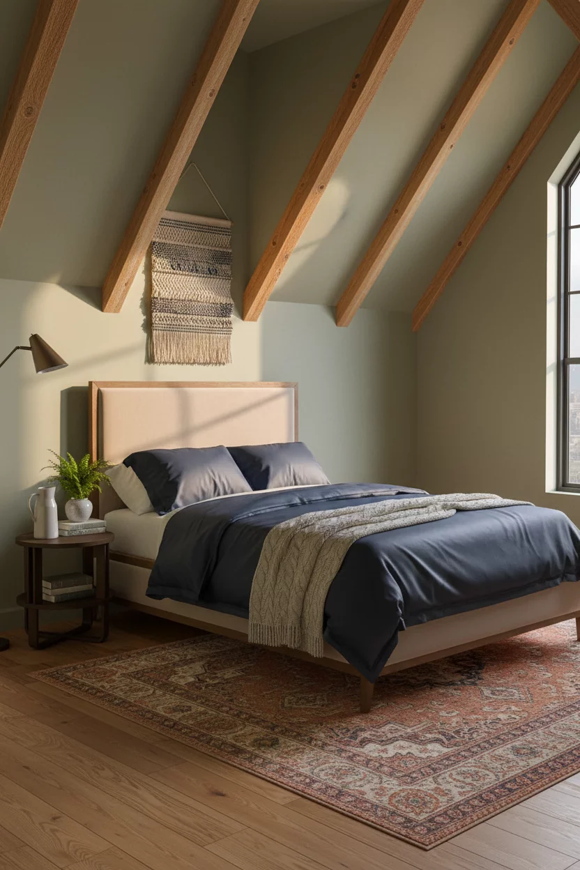 Warm Cozy Attic Bedroom Exposed Beams Sage