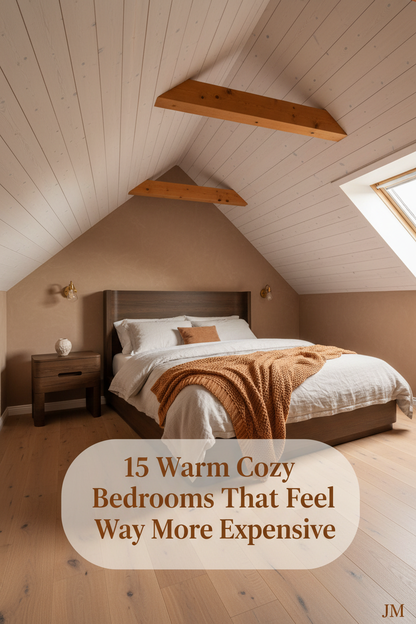Attic bedroom with sloped whitewashed pine ceiling, mushroom limewash walls, oatmeal linen bedding, chunky caramel knit throw, warm amber dormer light