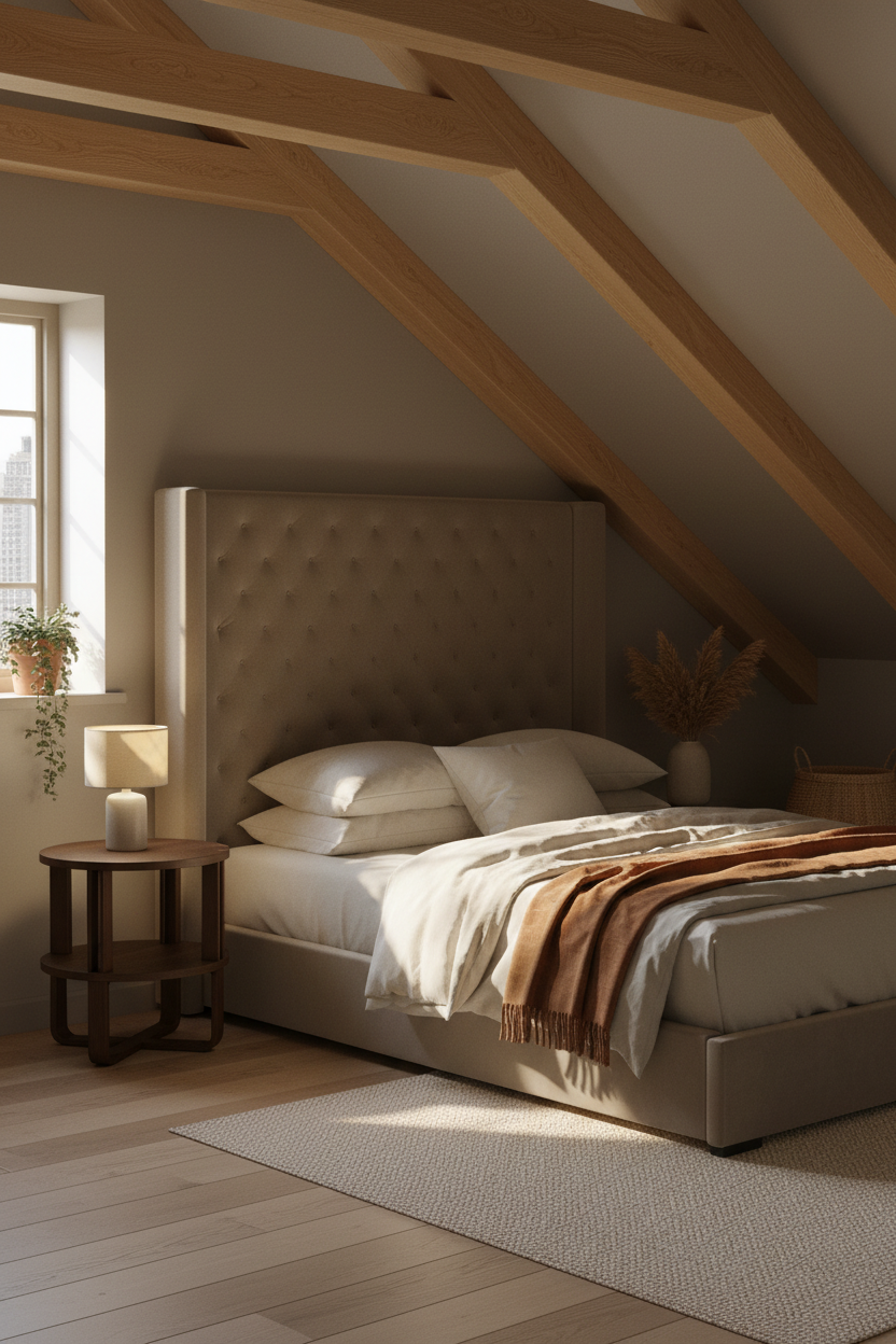 Warm Cozy Bedroom Japandi Attic Beams