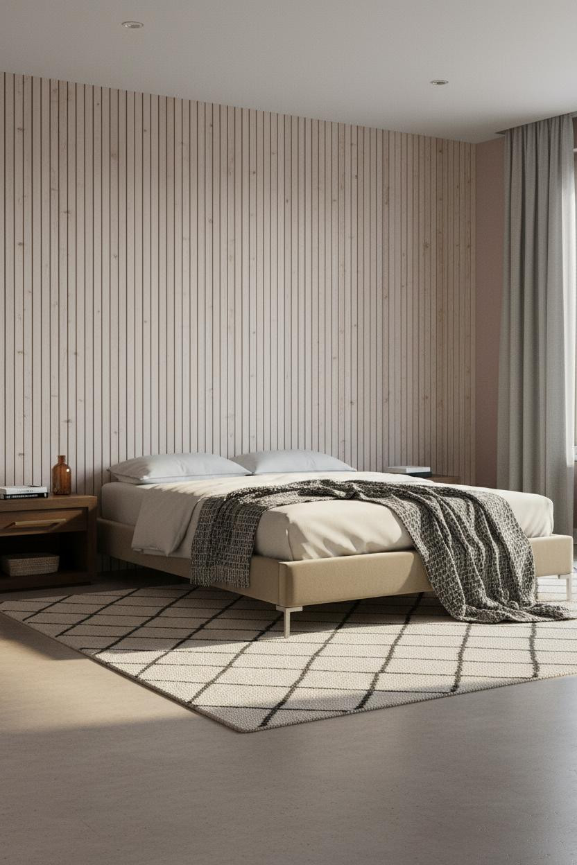 Warm Minimalist Bedroom Herringbone Wall