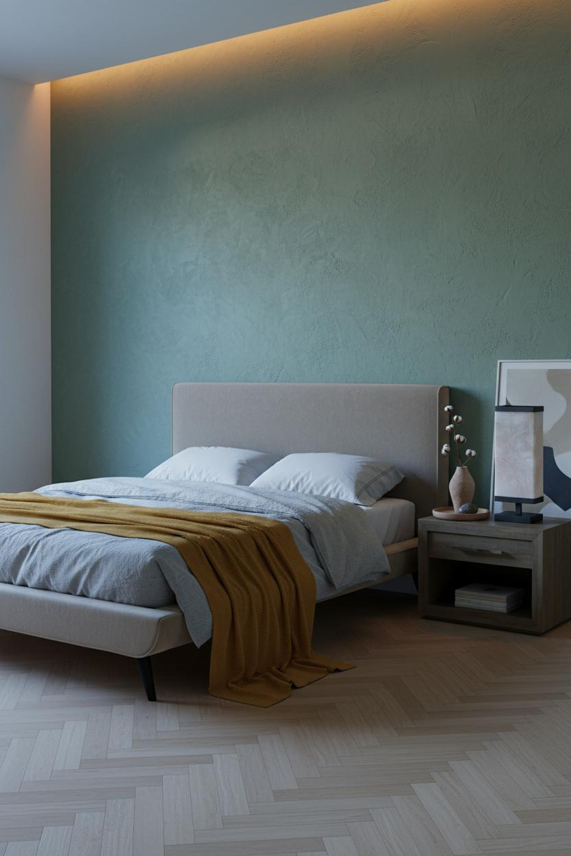 Warm Minimalist Bedroom Moss Green Plaster
