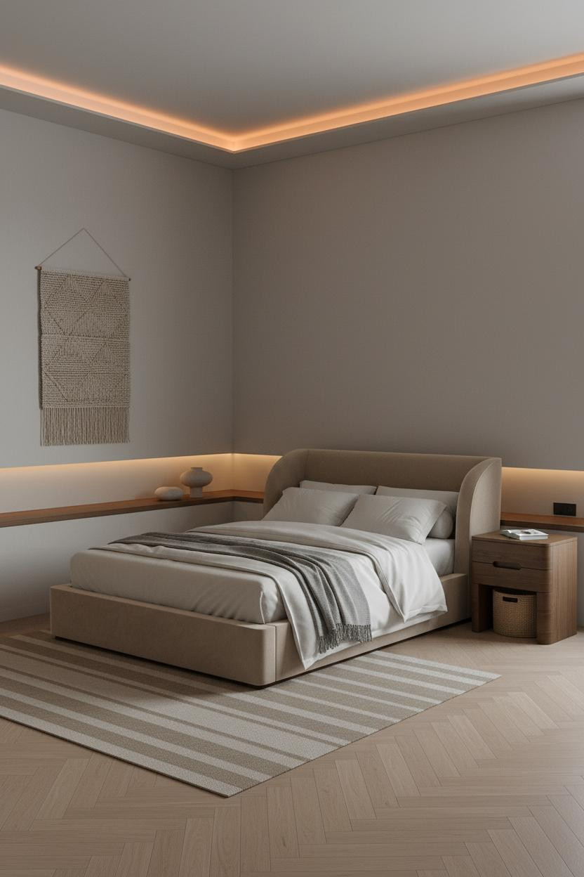 Warm Minimalist Bedroom Natural Wood Shelf