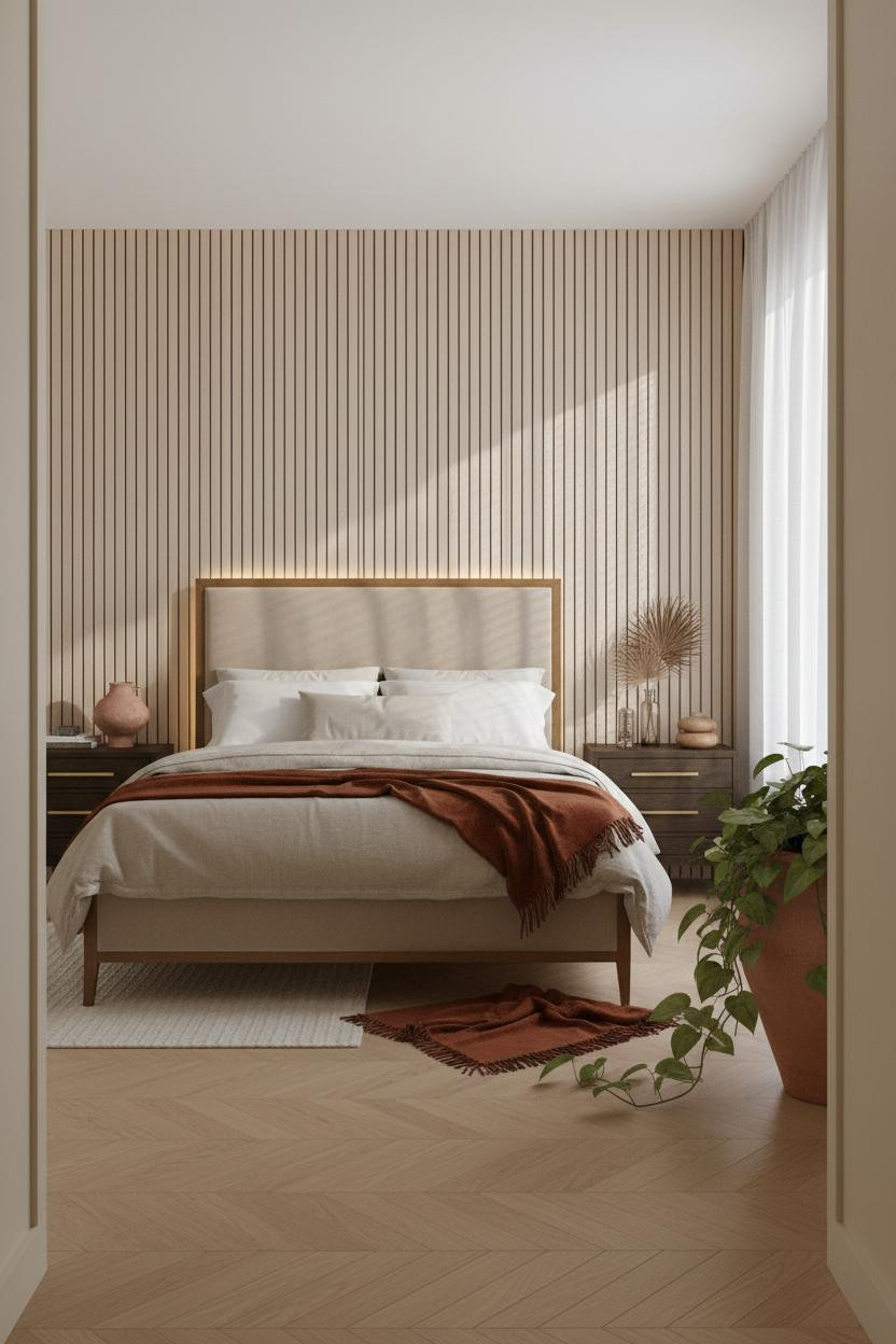 Warm Minimalist Bedroom Oak Slatted Wall