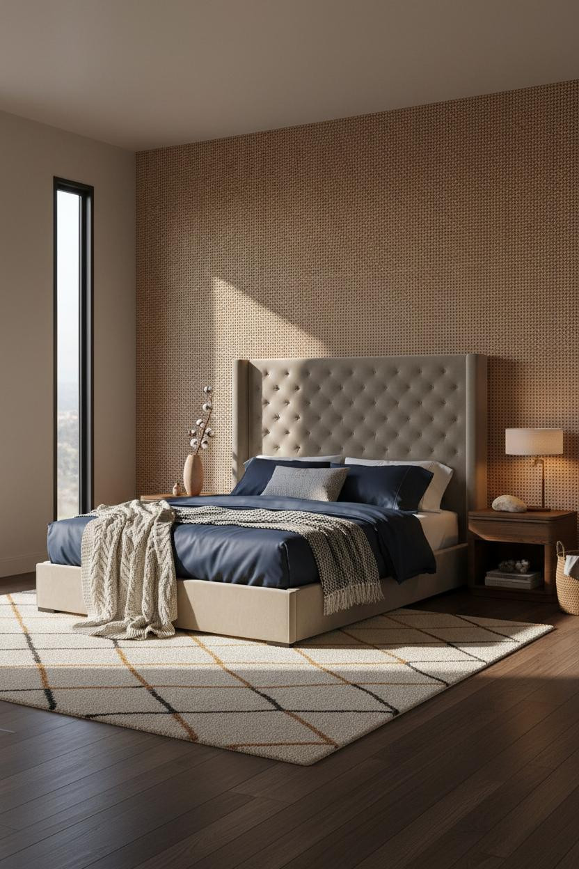 Warm Minimalist Bedroom Rattan Wall