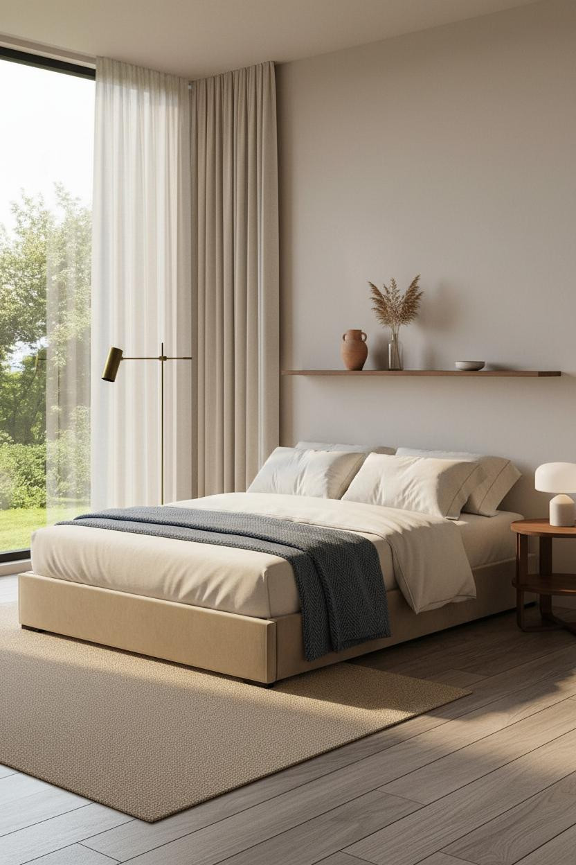 Warm Minimalist Bedroom Walnut Shelf