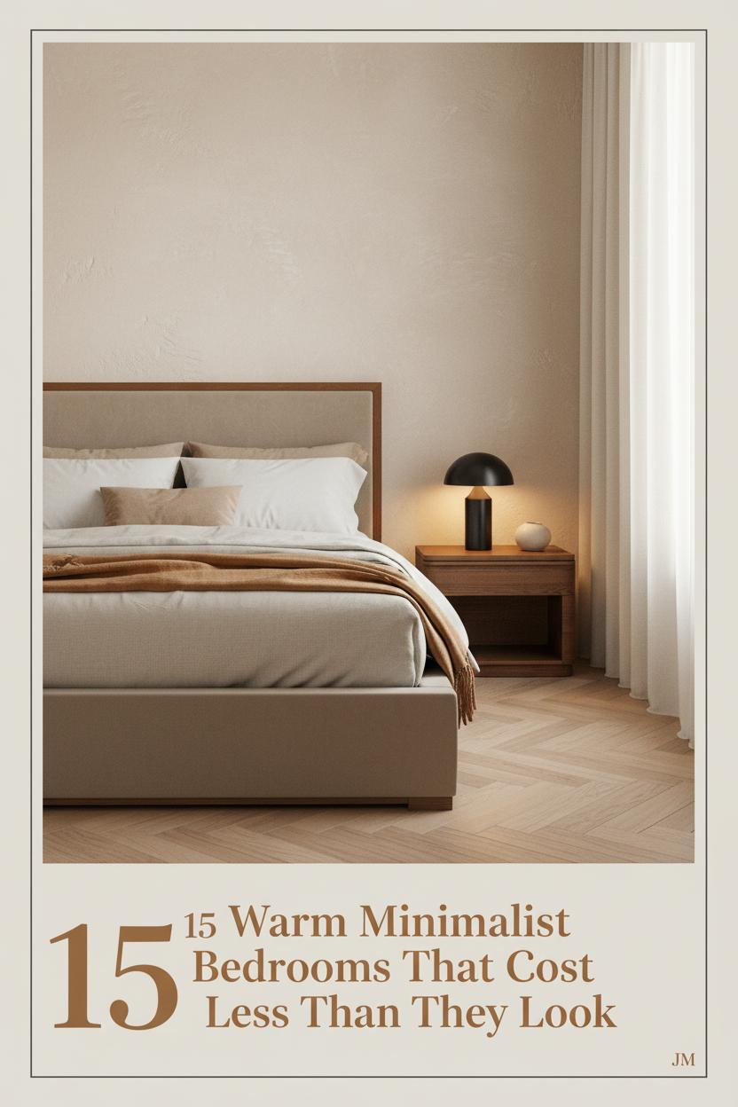 Warm minimalist bedroom with sand plaster walls, honey oak floors, oatmeal linen bedding, caramel wool throw, and amber bedside lamp glow