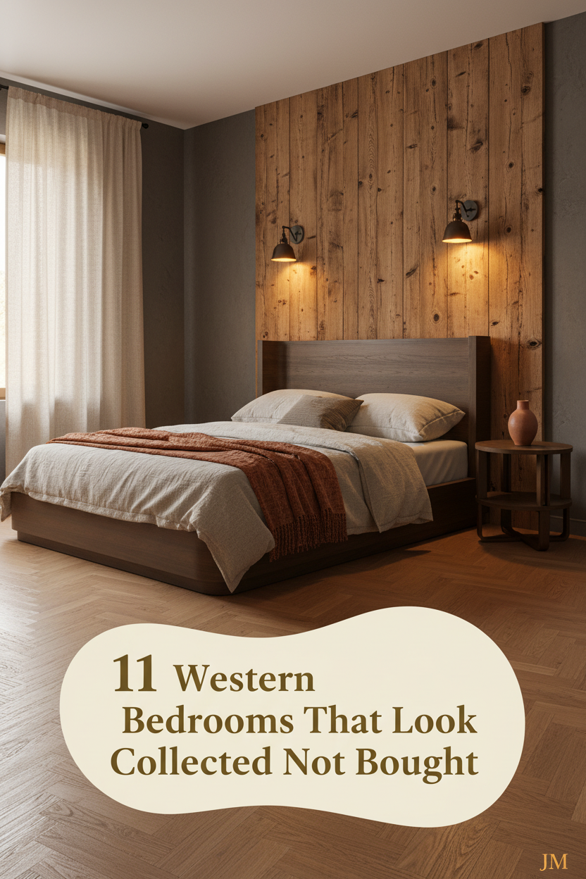 Rustic western bedroom with reclaimed saddle-brown timber accent wall, stone-washed linen bedding, rust wool throw, and warm iron sconces