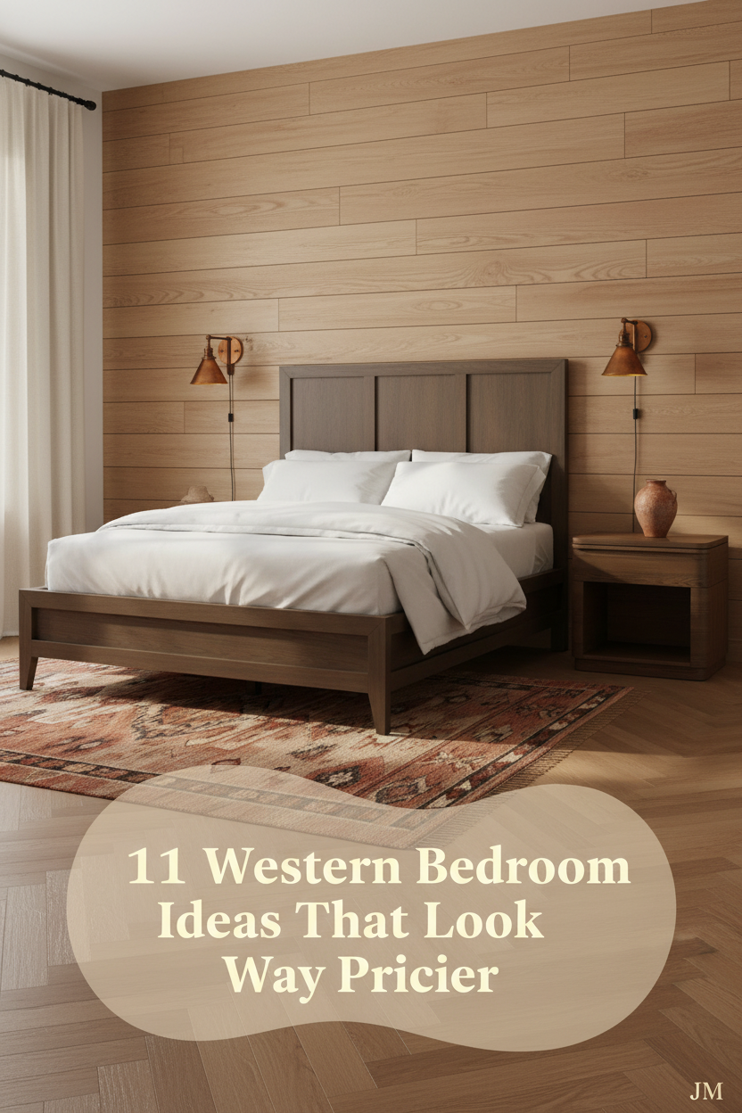 Rustic western bedroom with honey-pine plank wall, amber iron sconces, cream linen bedding, kilim rug, and terracotta accents in warm afternoon light