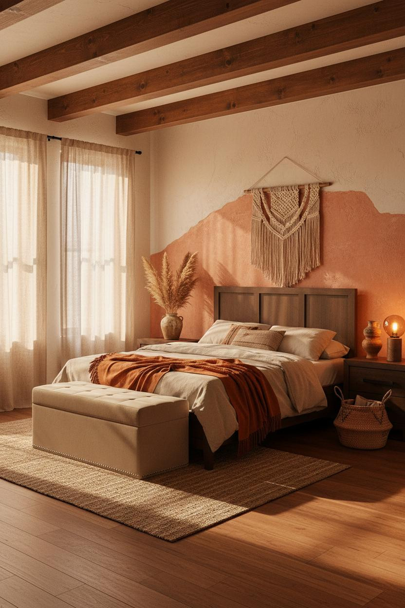 Western Boho Bedroom Rustic Timber Beams