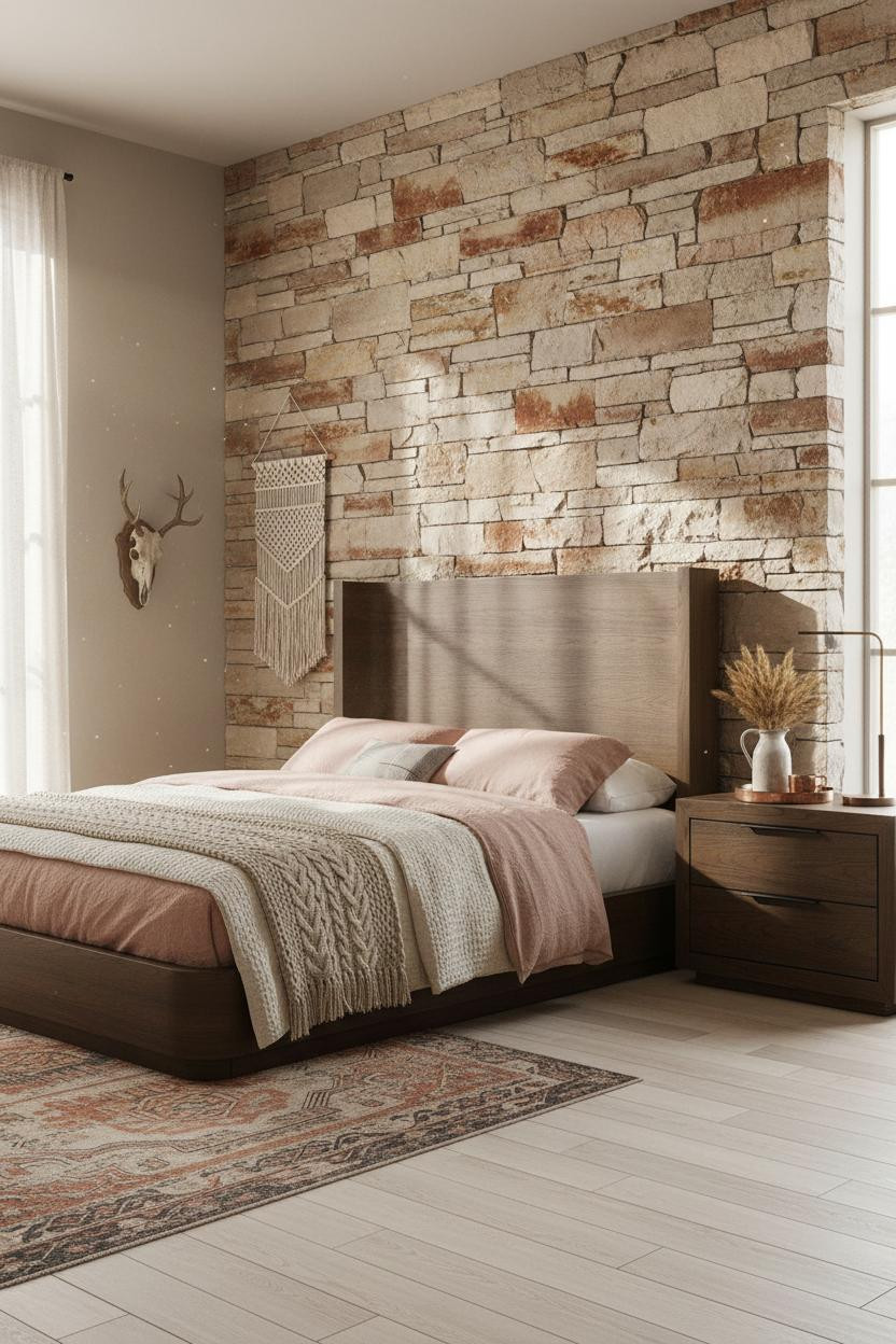 Western Chic Bedroom Limestone Wall Boho