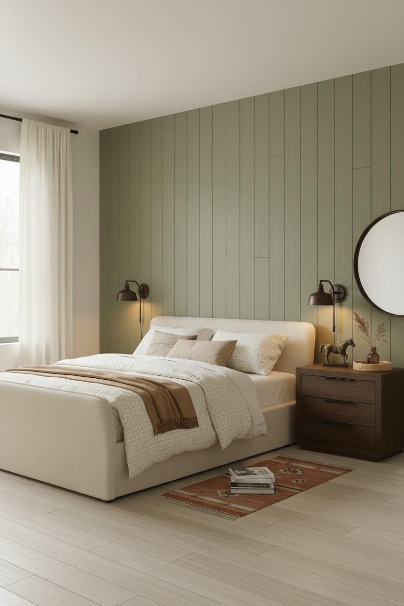 Western Chic Bedroom Sage Shiplap Iron Sconces
