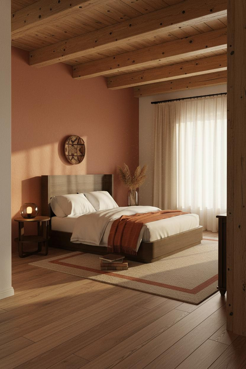 Western Chic Bedroom Terracotta Wood Beams