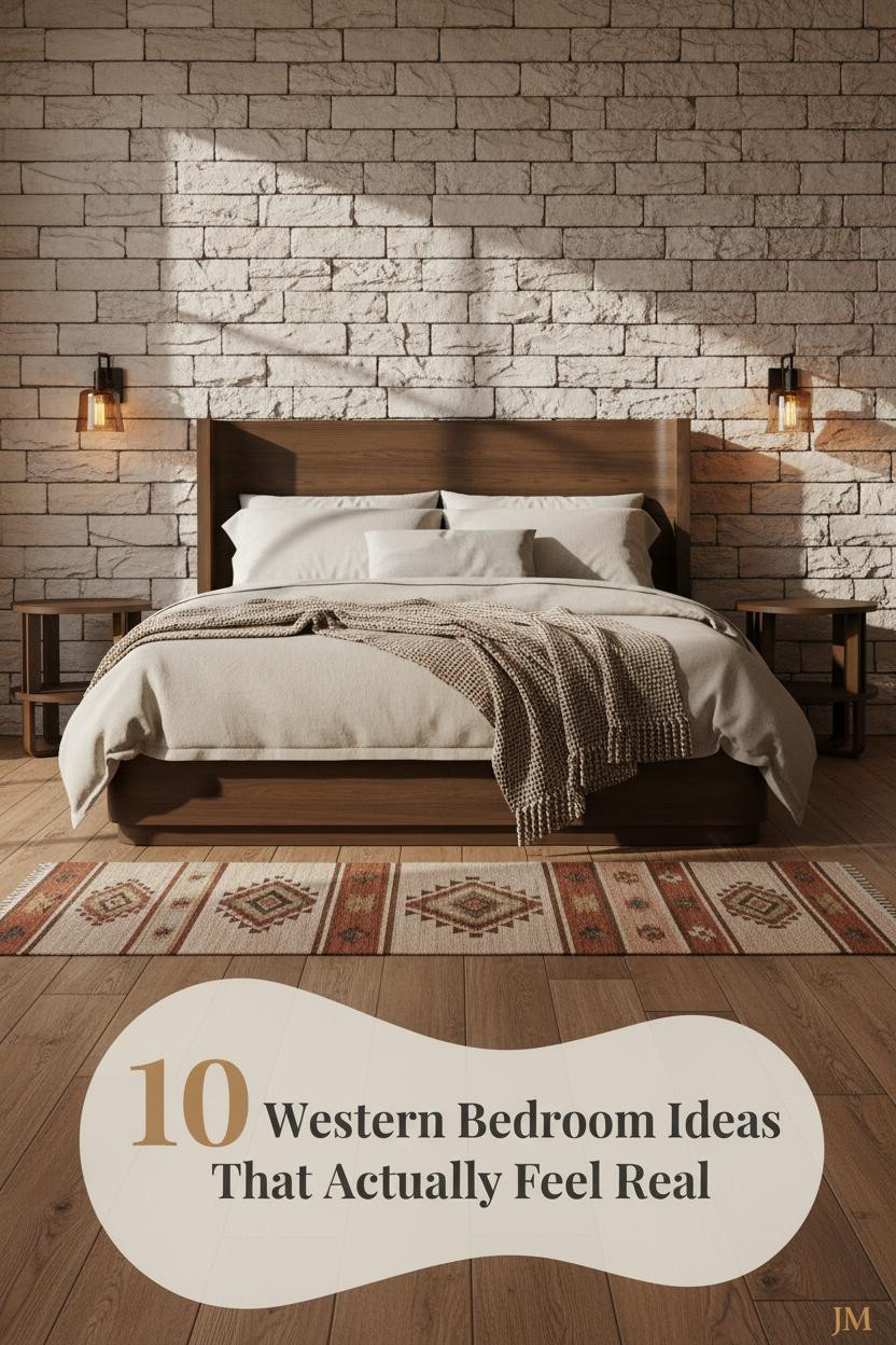Western style bedroom with stacked limestone wall, reclaimed oak floors, oatmeal bedding, camel wool throw, and Navajo flat-weave runner
