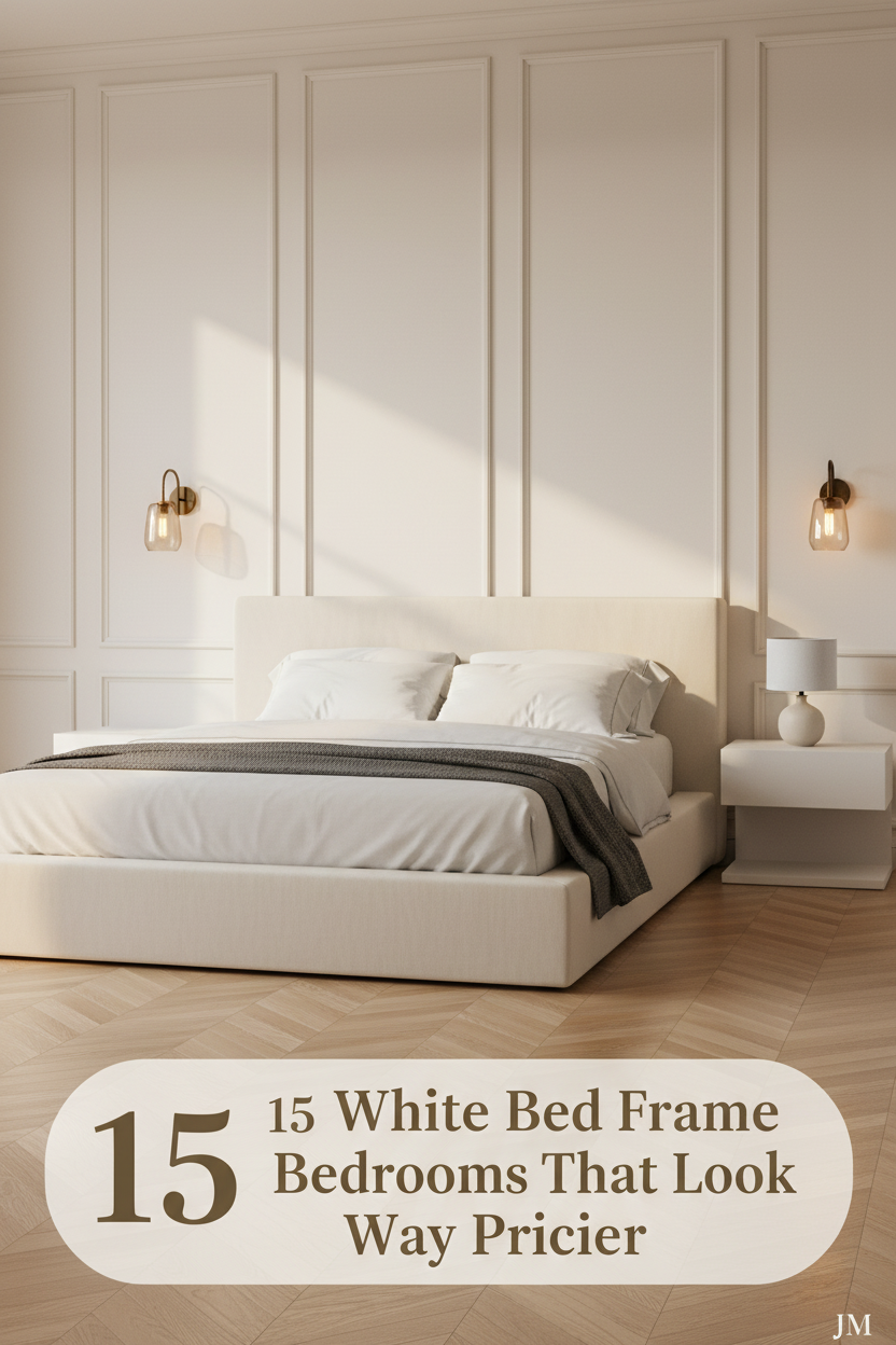 White bed frame bedroom with ivory board-and-batten paneling, layered linen bedding, charcoal throw, parquet floors, and warm amber sconce lighting