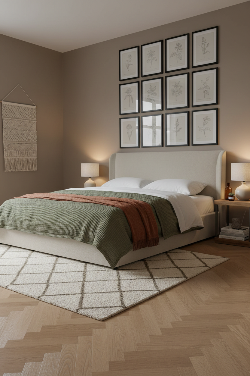White Bed Frame Gallery Wall Bedroom Design