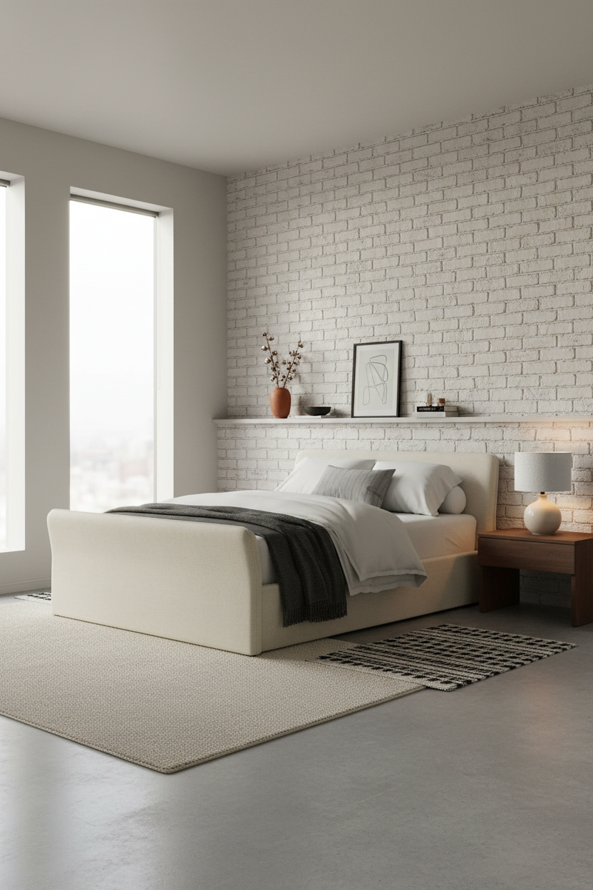 White Bed Frame Japandi Bedroom Exposed Brick
