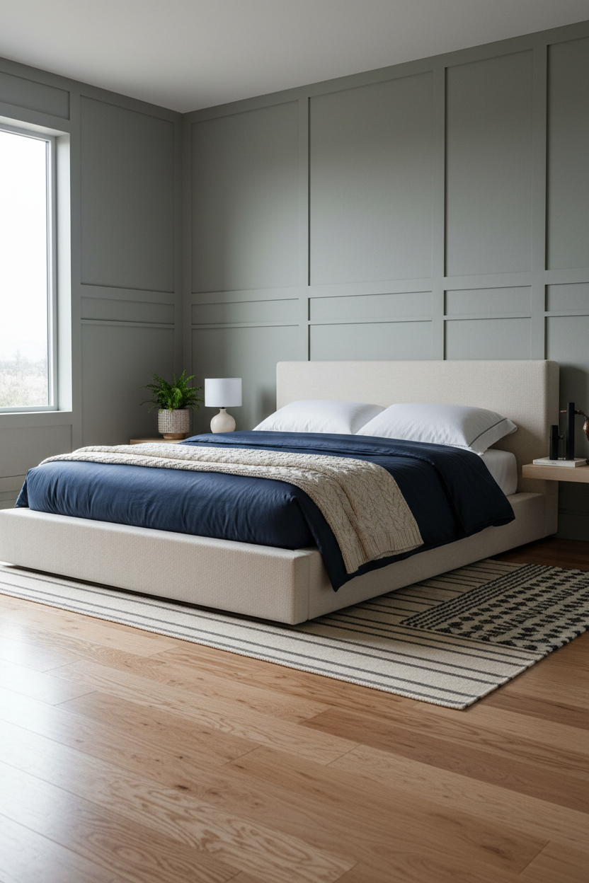 White Bed Frame Japandi Bedroom Sage Wainscoting