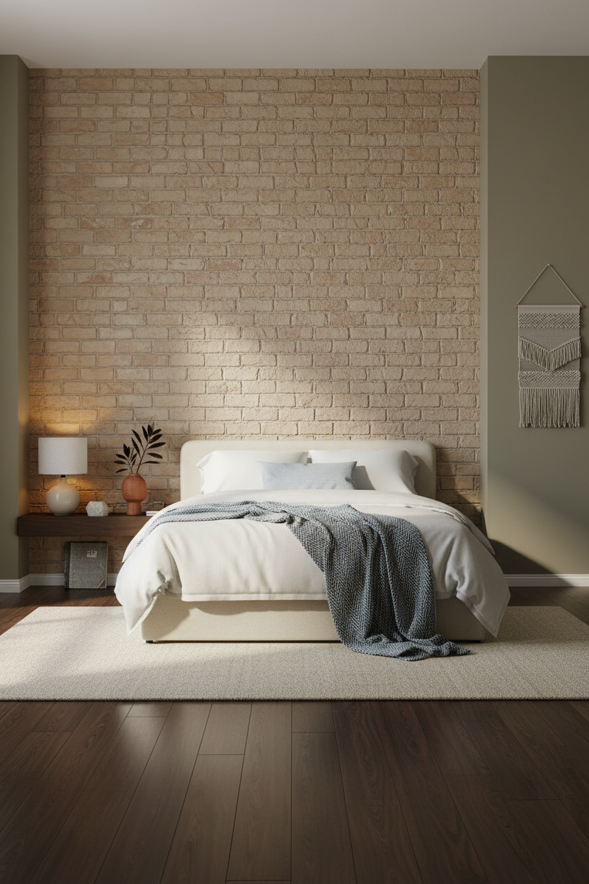 White Bed Frame Modern Bedroom Exposed Brick