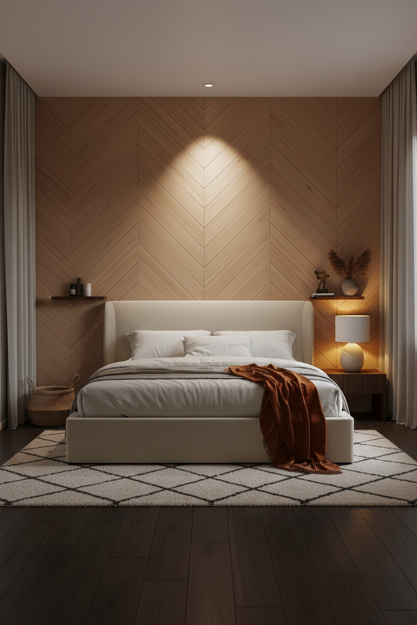 White Bed Frame Modern Bedroom Herringbone Accent