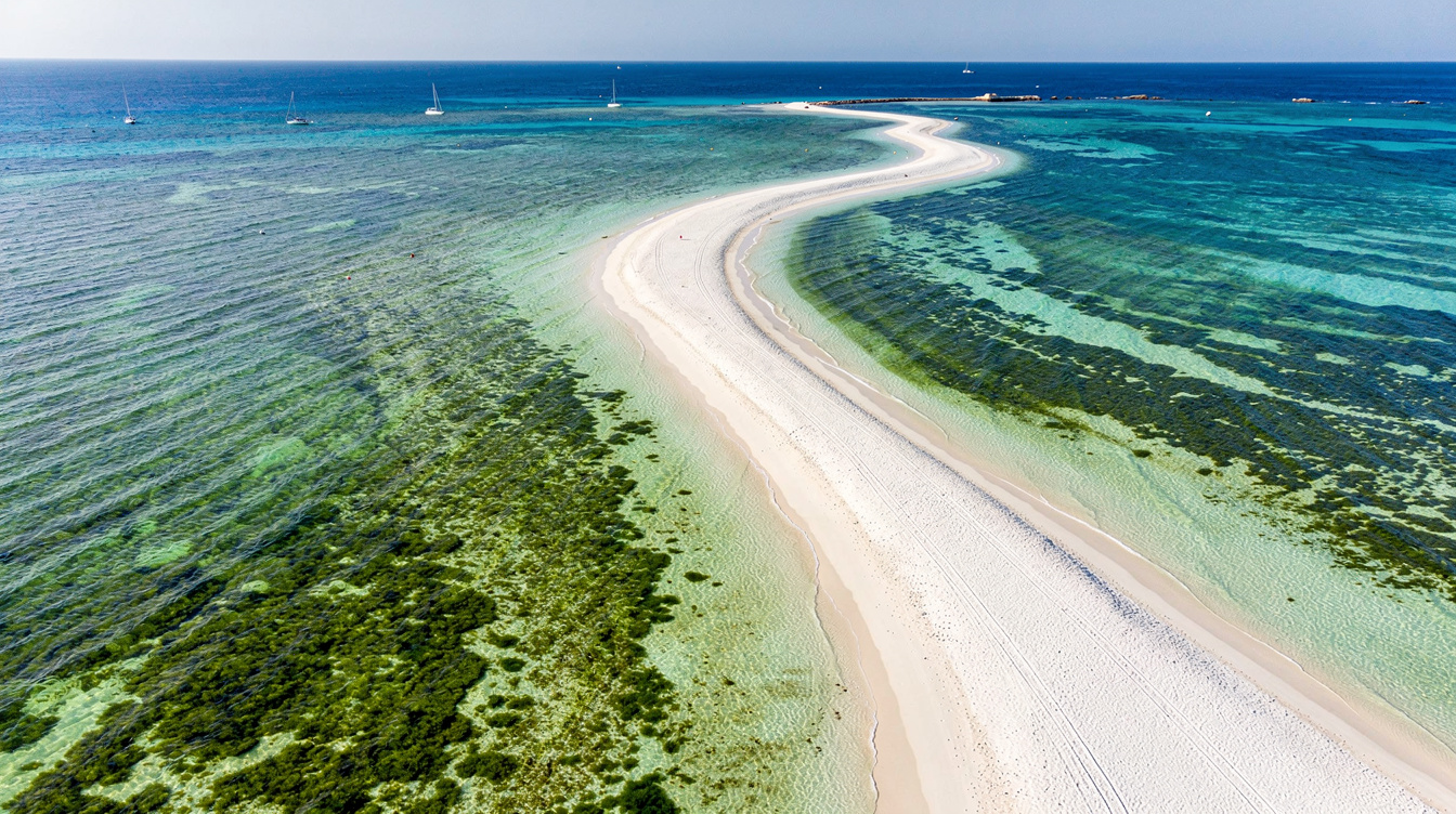 Seagrass turns the water green at this Formentera beach with no shade by 10am