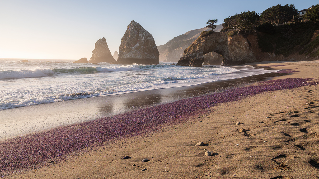 Garnet washing off a 1,600-foot cliff turns this Big Sur beach purple