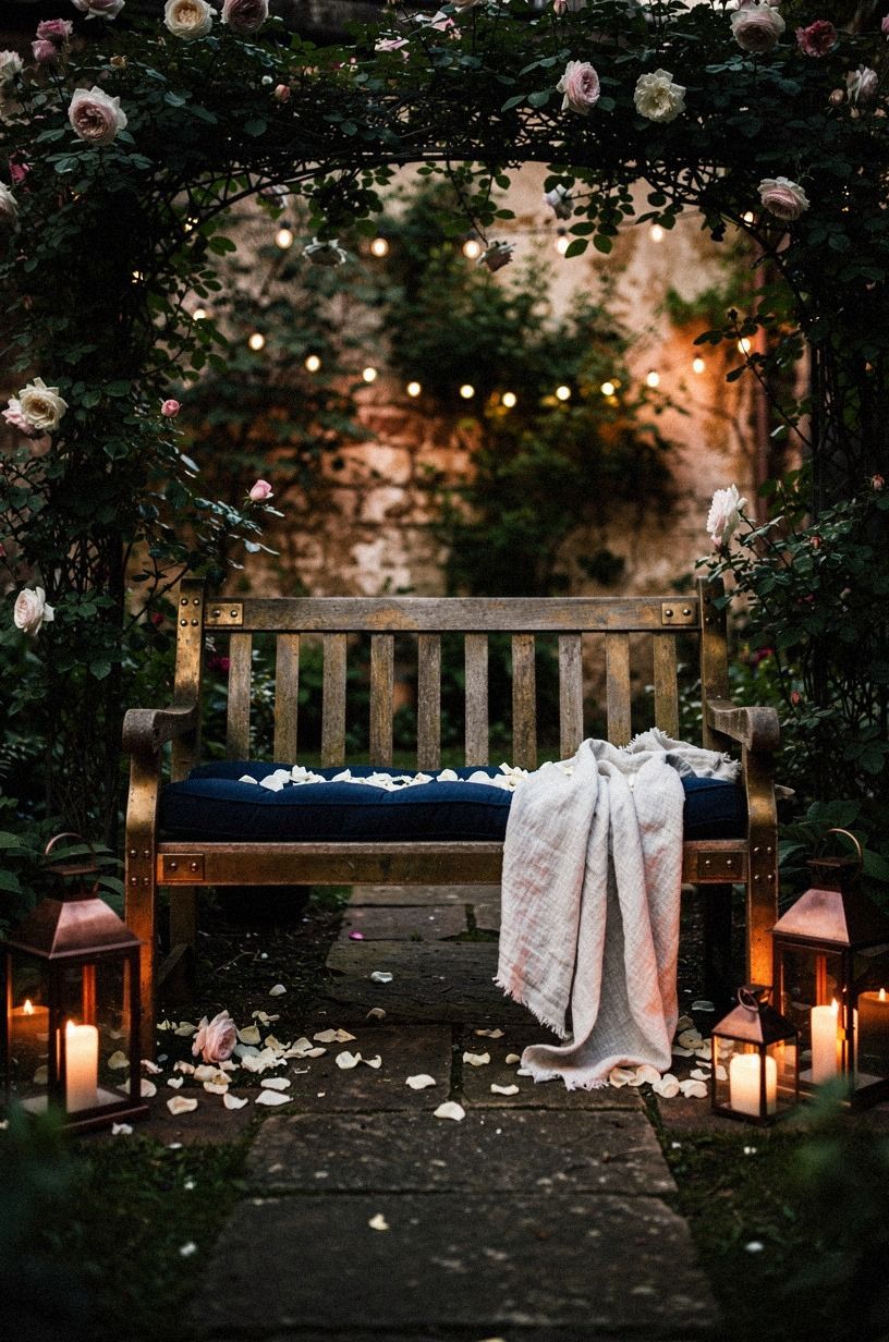 Add a weathered bench under roses