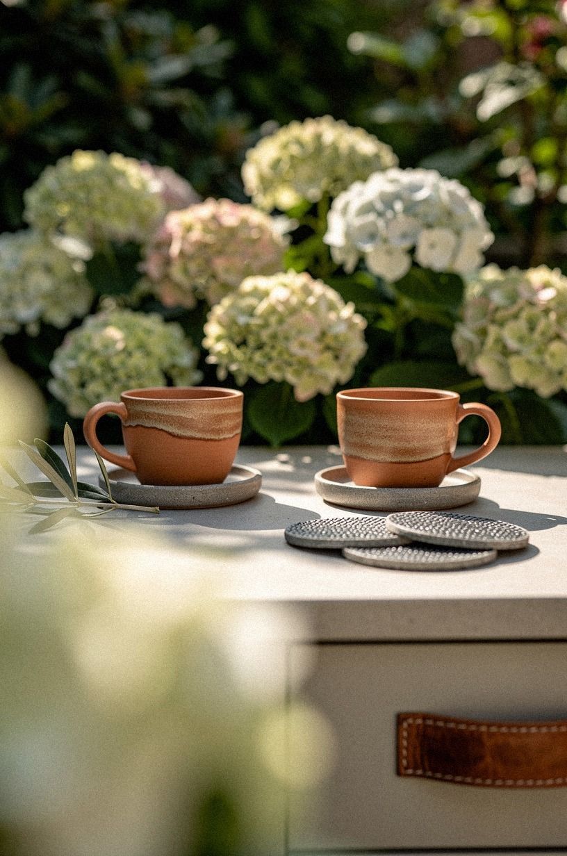 Nestle a bistro table behind hydrangeas