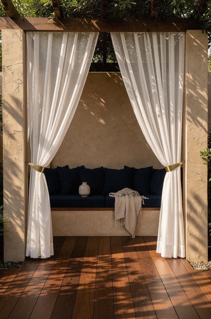 Drape sheer curtains from a pergola