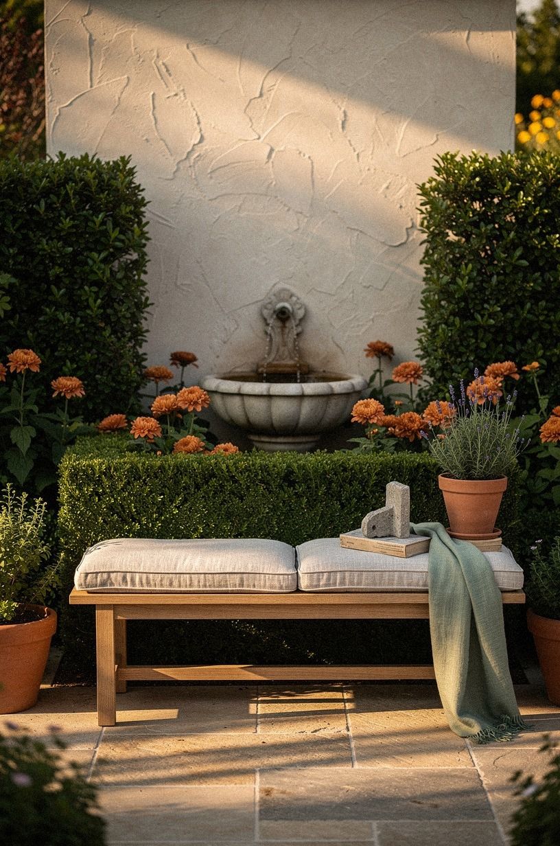 Install a small fountain behind boxwoods