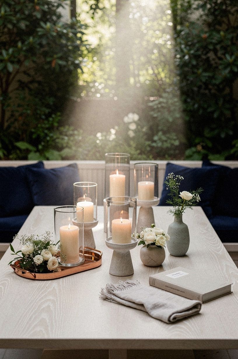 Finish with candles inside glass hurricanes
