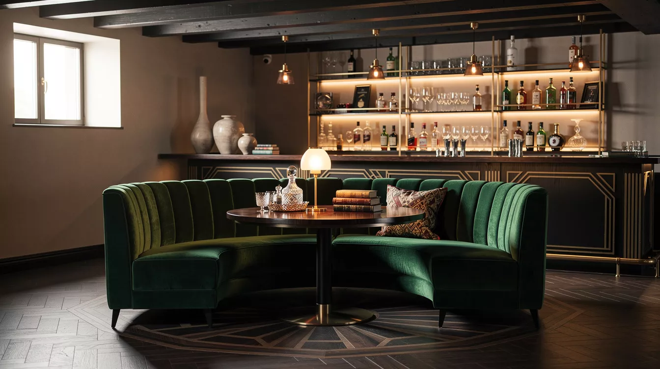 Basement speakeasy lounge with green velvet seating and brass bar shelving