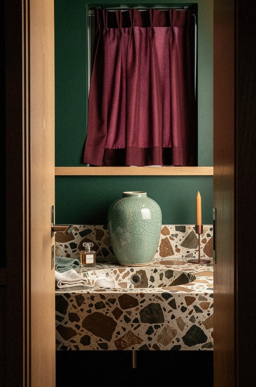 Hang a tiny burgundy café curtain