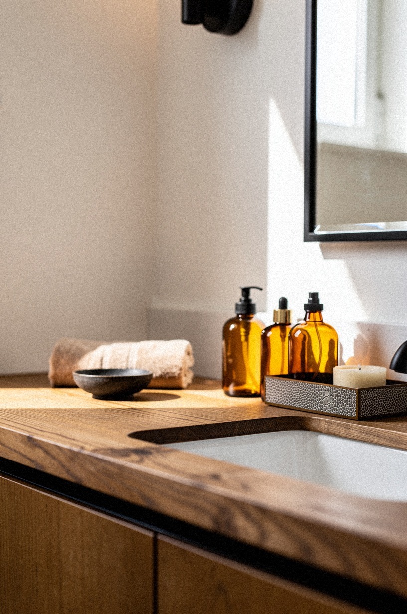 Tuck amber bottles along the sink ledge