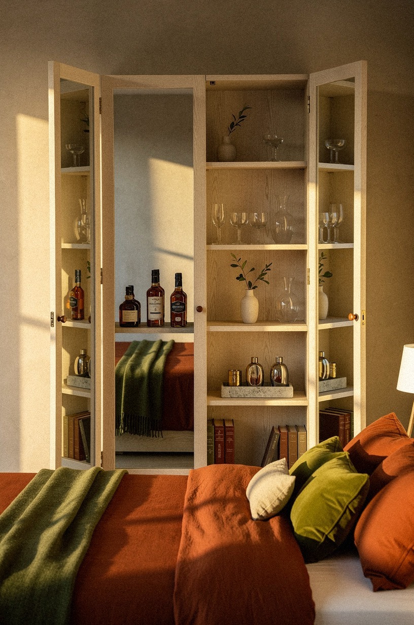 Conceal a minibar inside a mirrored armoire