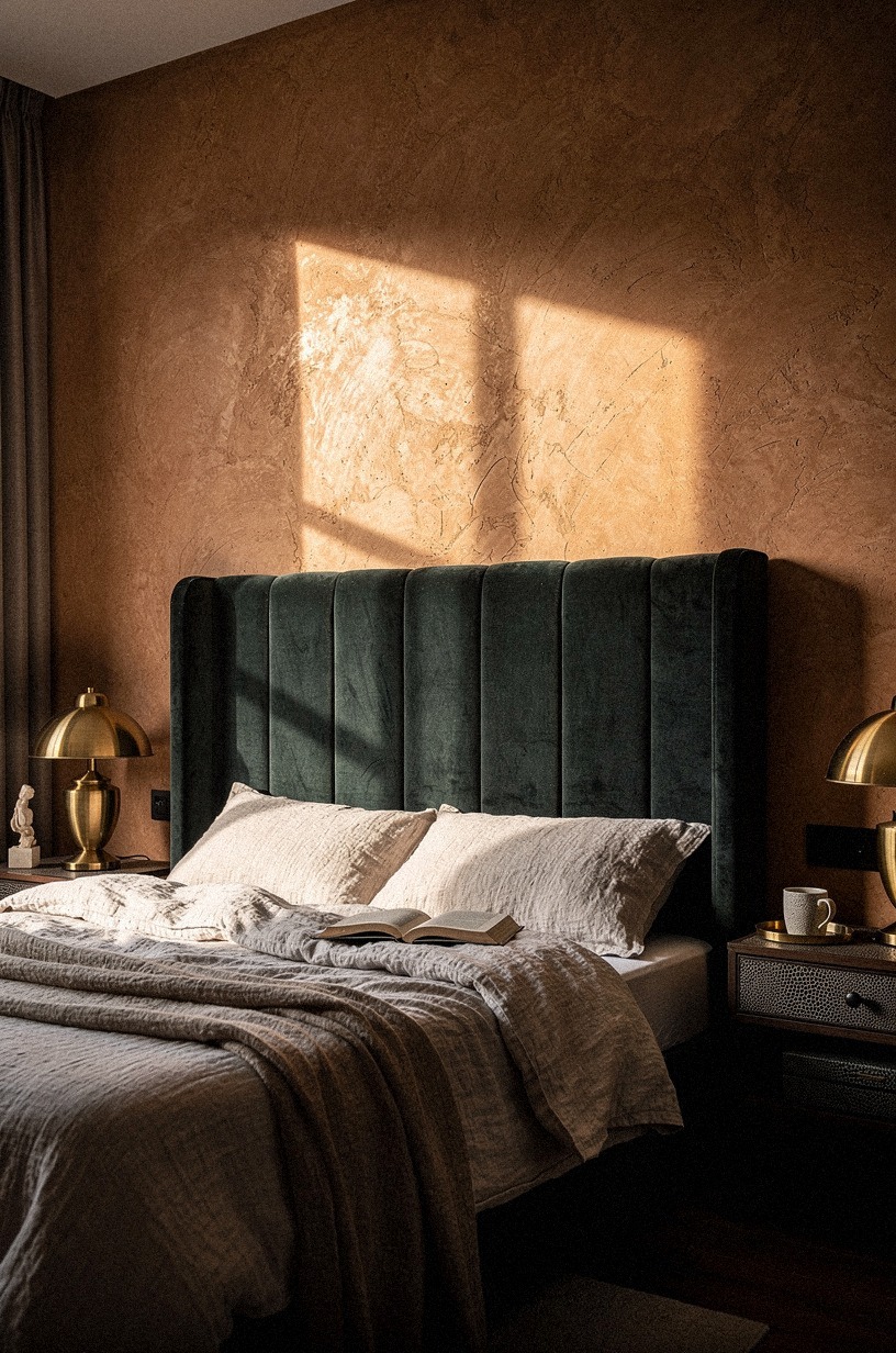 Anchor the room with a velvet headboard