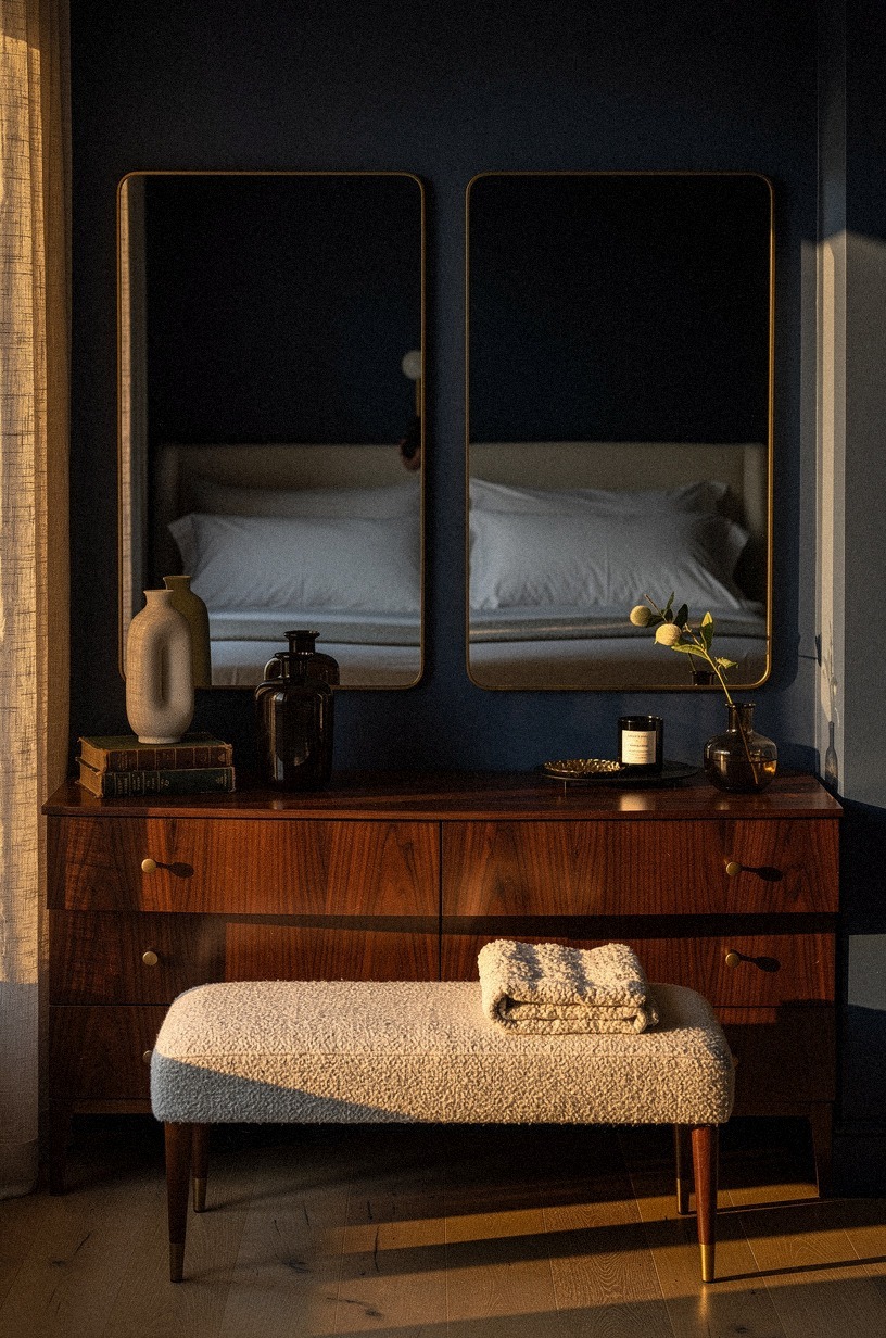 Hang smoked mirrors over dark wood dressers