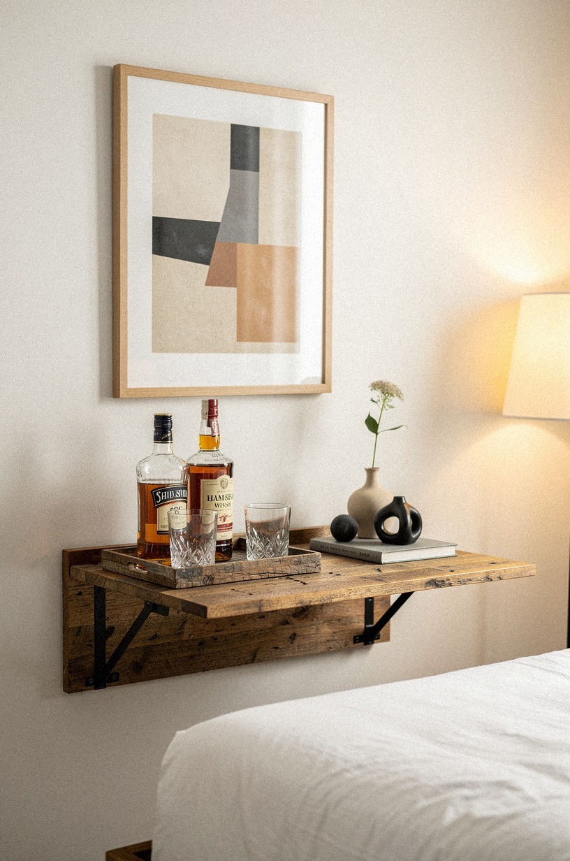 Mount a fold-down shelf under artwork