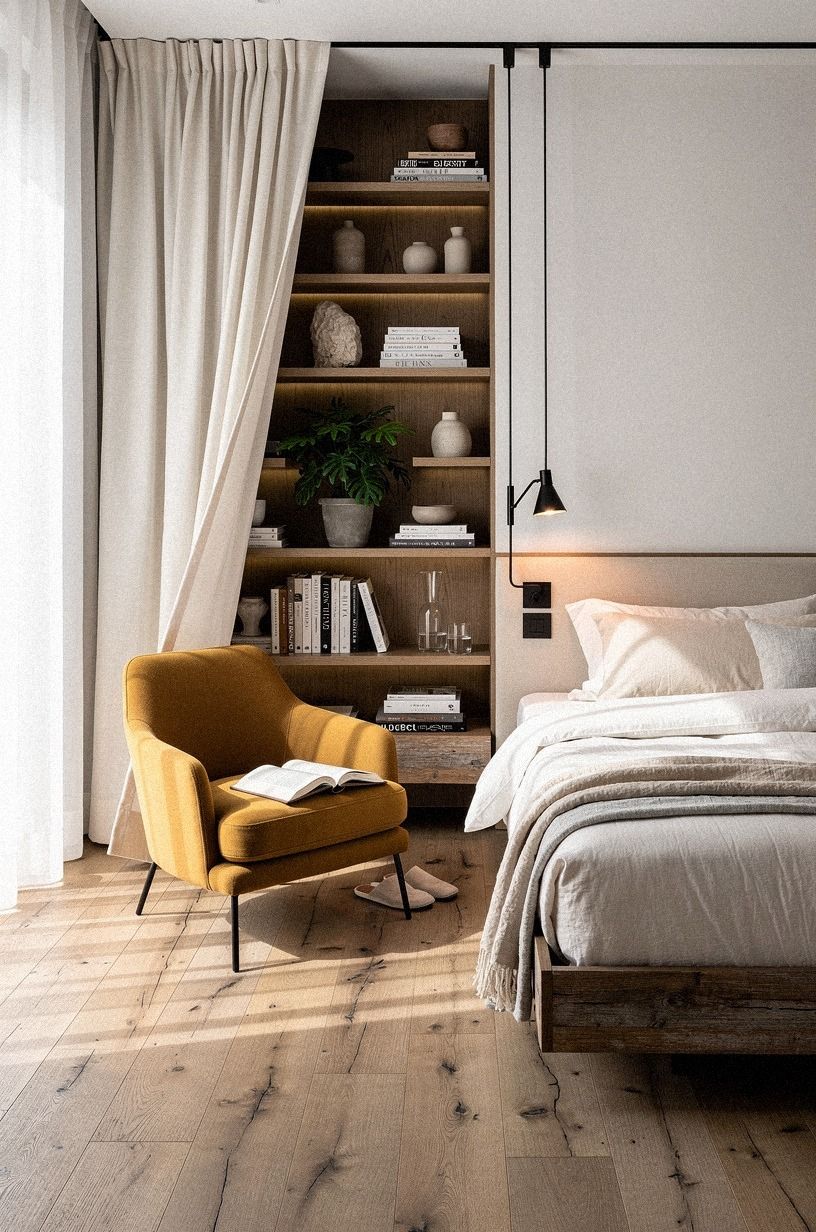 Conceal a reading nook behind curtain tracks