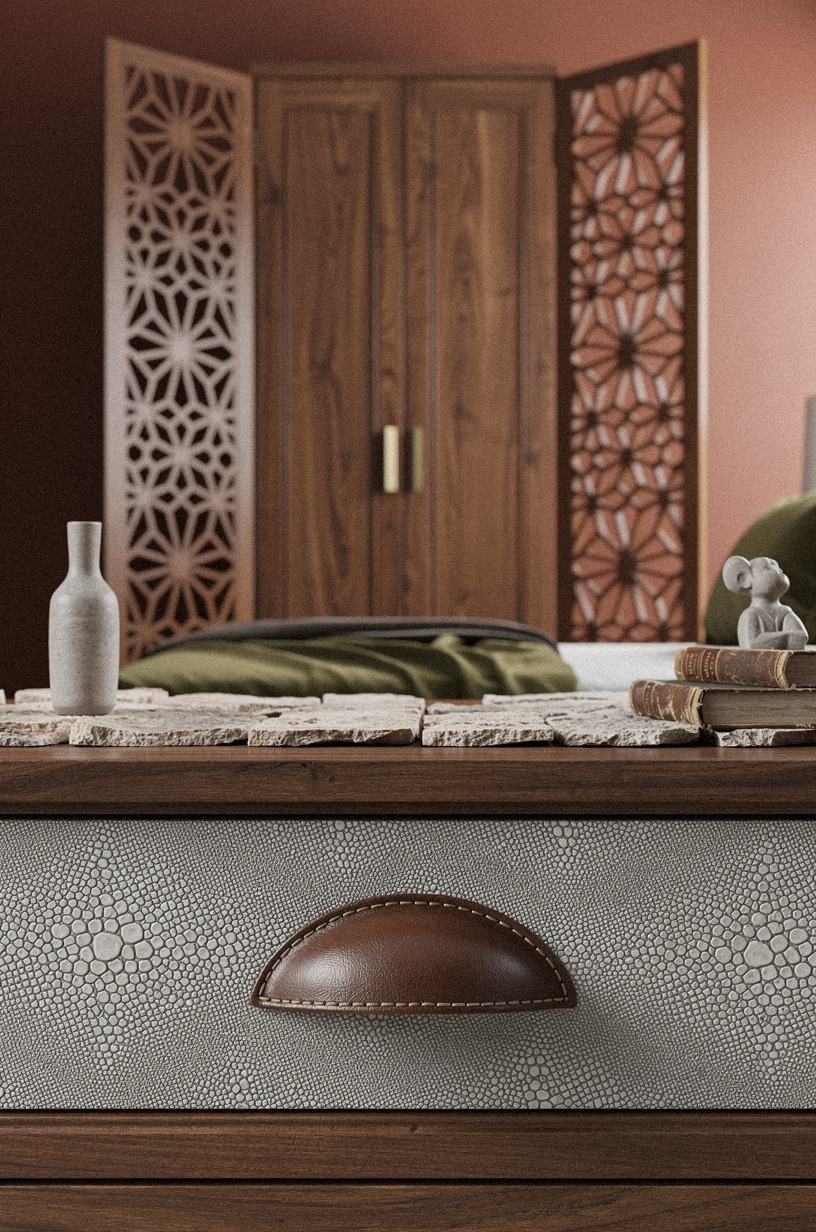 Add a carved screen beside the wardrobe