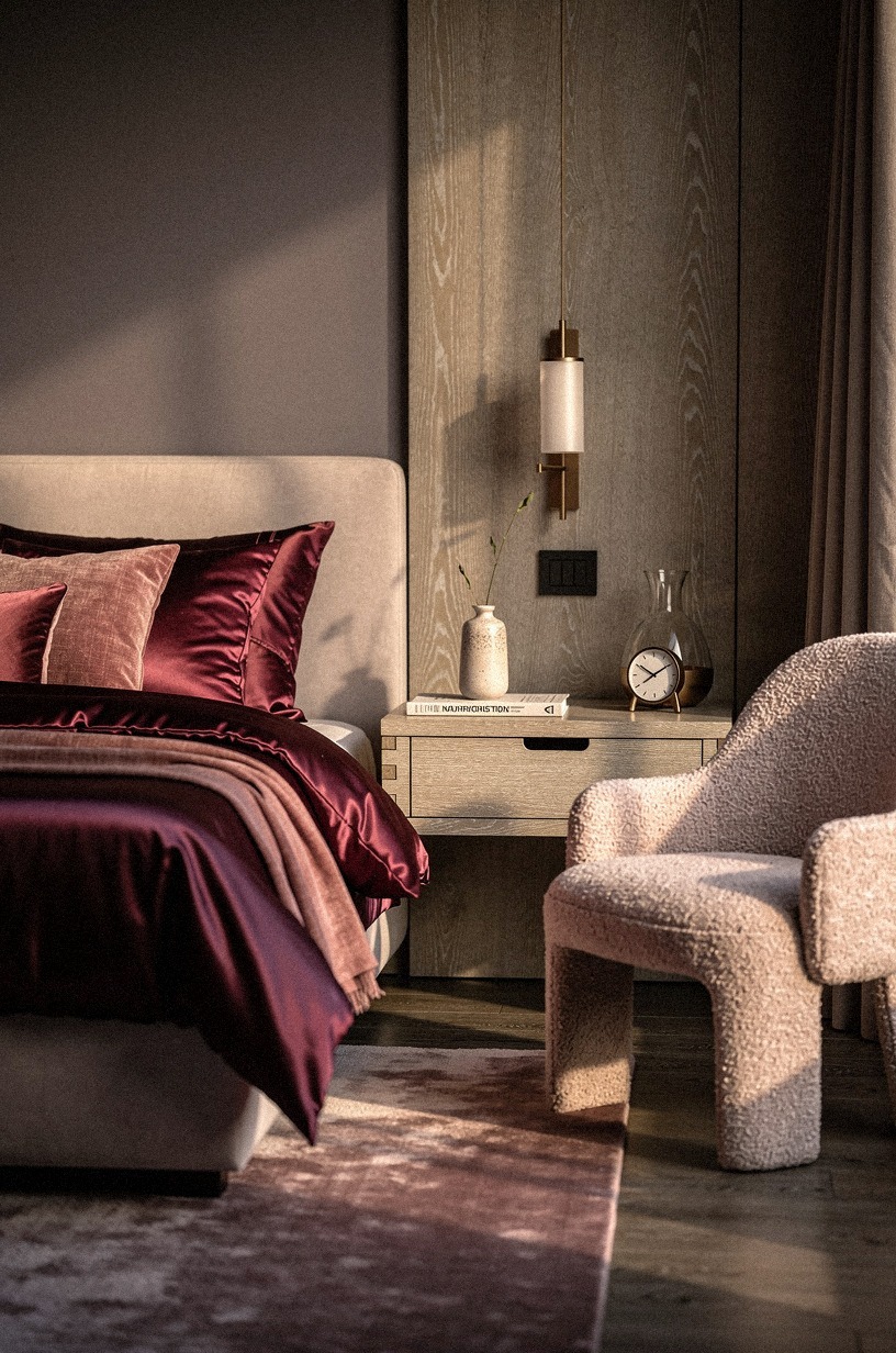 Finish with satin bedding in oxblood tones
