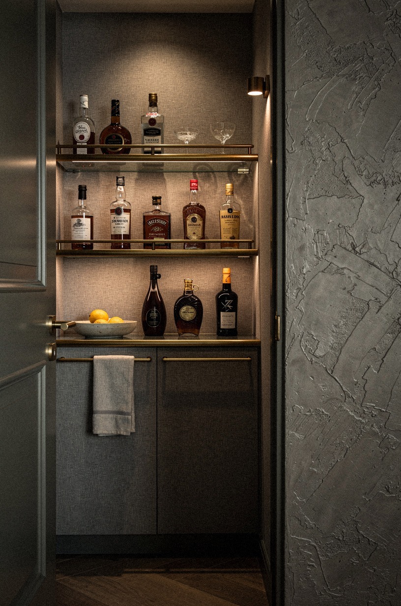 Install a brass rail across glass shelves