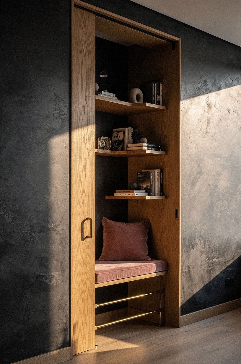 Mount floating shelves around the hidden doorway