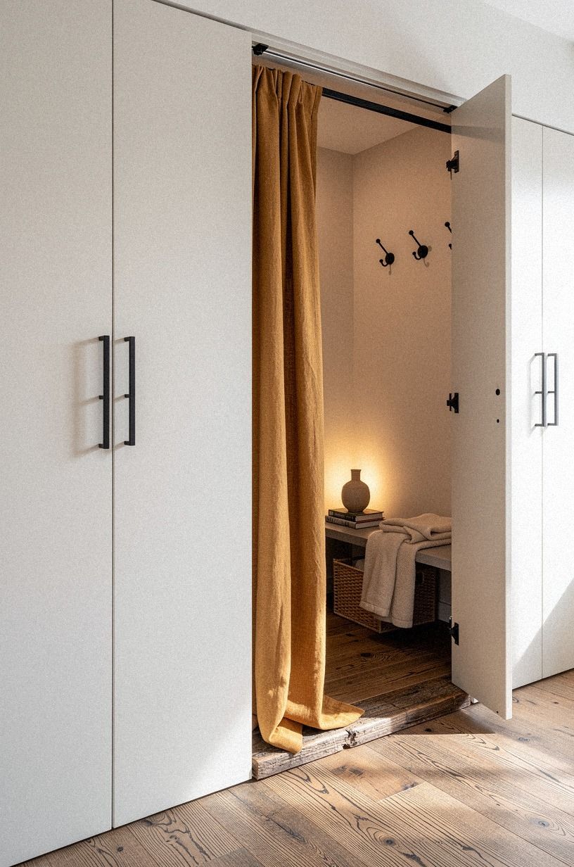 Add a curtain track behind closet doors