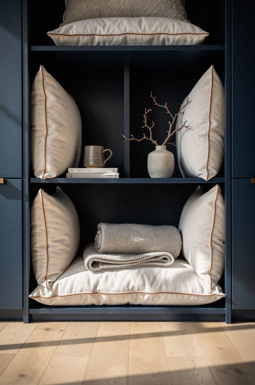Hide floor cushions inside storage cubbies