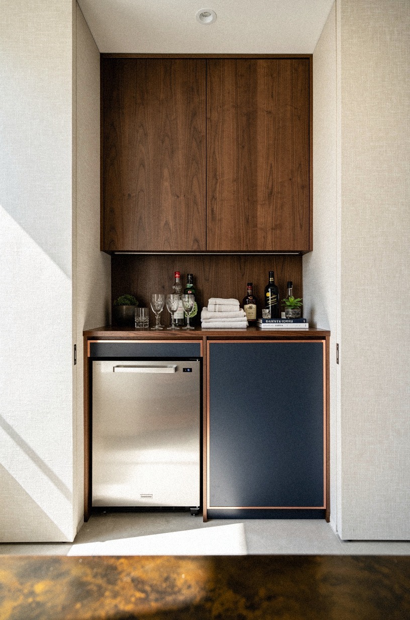 Tuck a mini fridge under walnut cabinetry