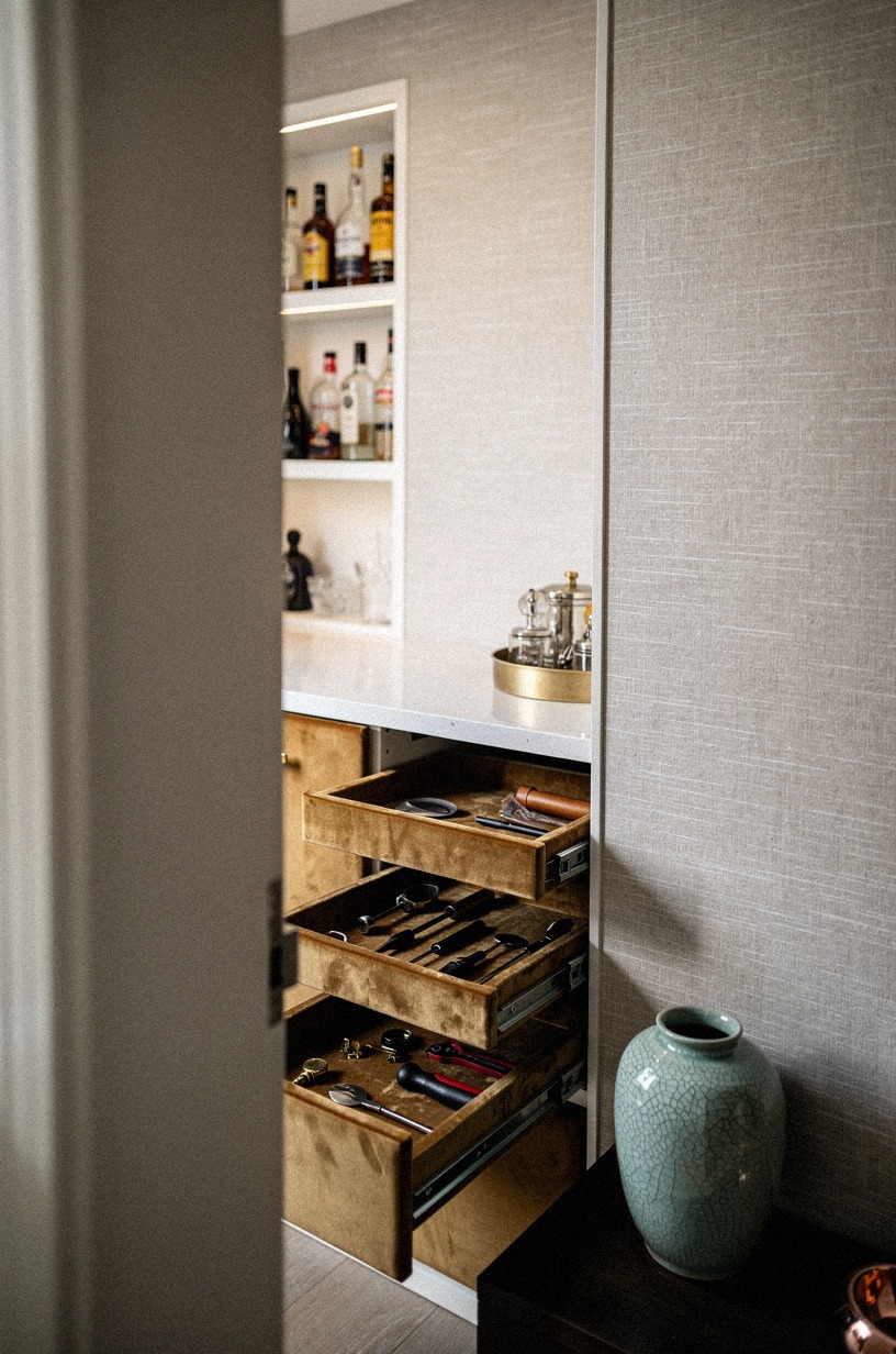 Conceal tools inside velvet lined drawers