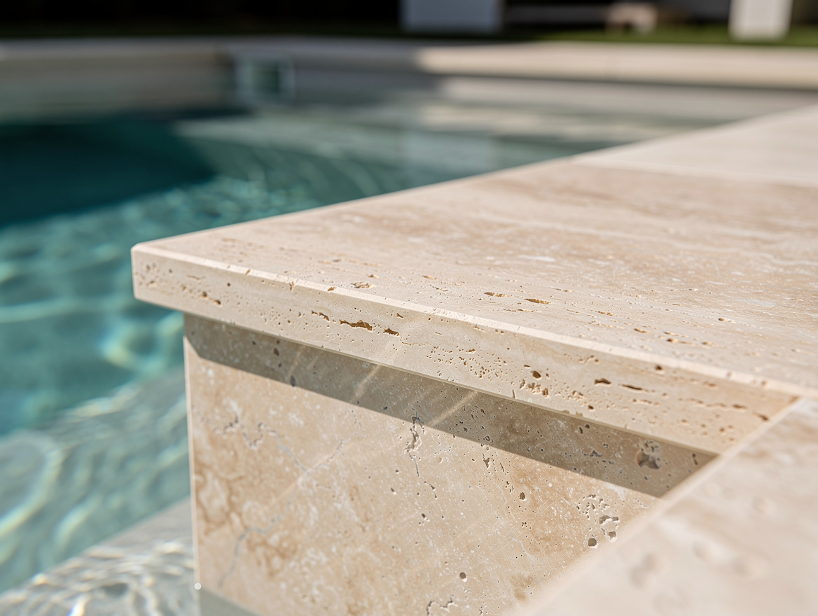 Close-up detail of travertine coping edge on a small fiberglass cocktail pool wi