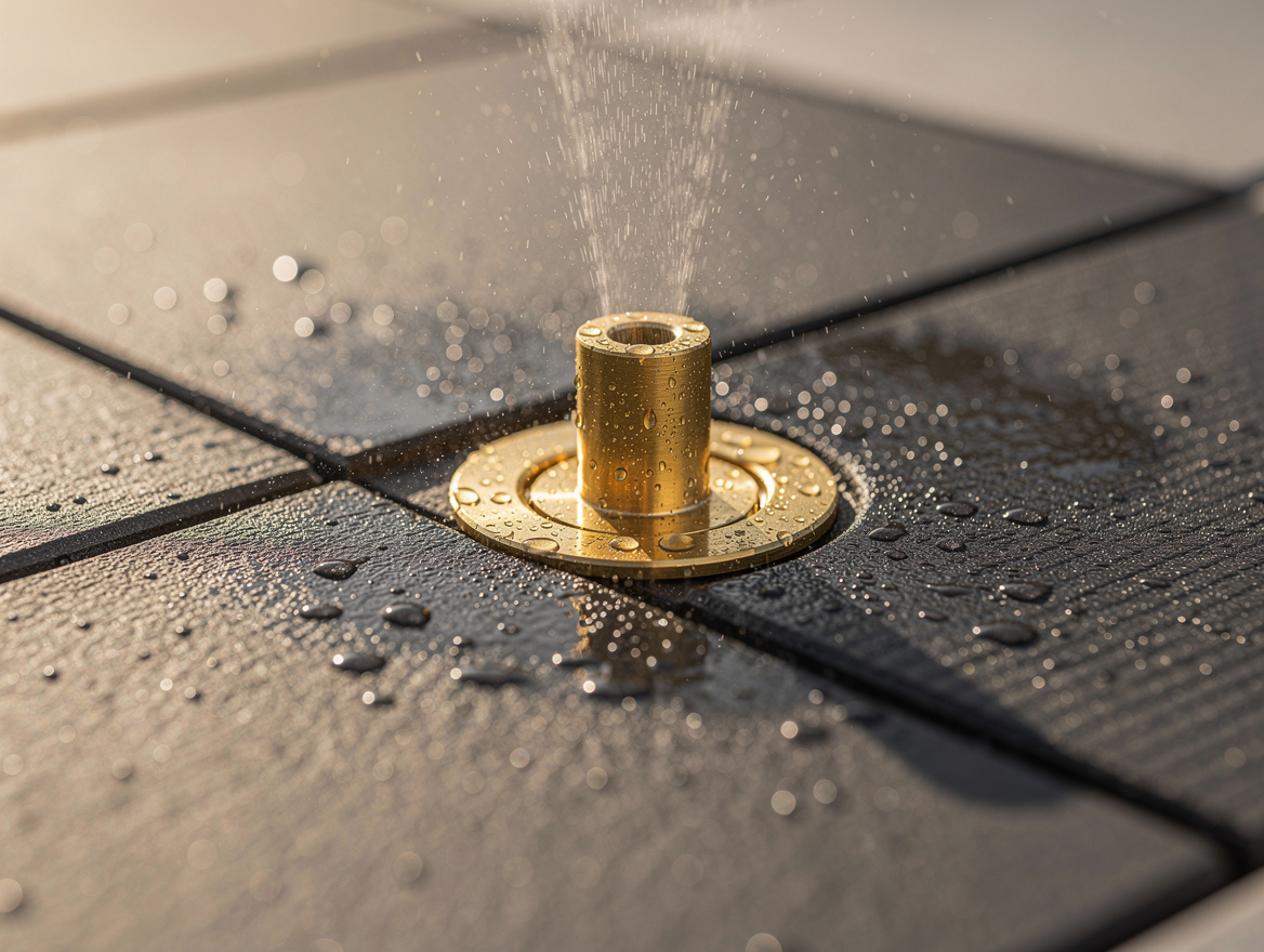 close-up detail of brass misting jets flush with rubber tile surface, water drop